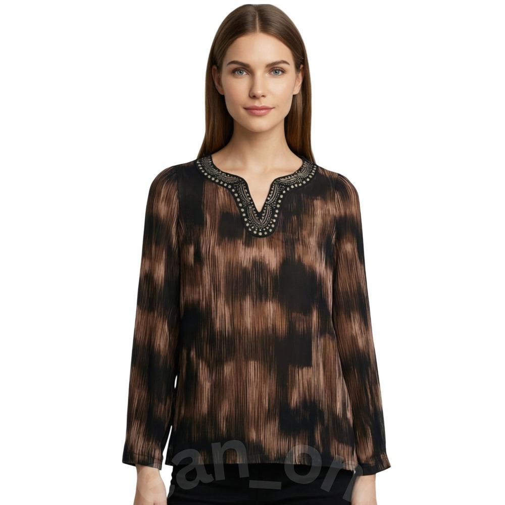 Dana Buchman Women's Beaded Embellished Neckline Long Sleeve Tunic Blouse Small